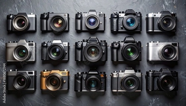 Fototapeta Captivating flat lay of various compact cameras on slate with stylish metallic background