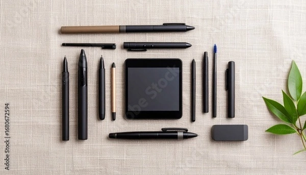 Fototapeta Vibrant flat lay of digital styluses and accessories on soft linen background with hues