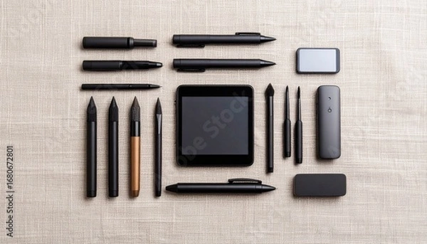 Fototapeta Flat lay of multiple electronic devices on textured linen background with stylish arrangement