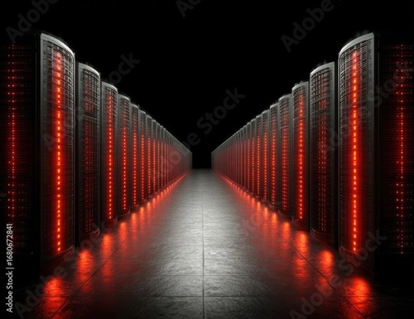 Fototapeta Server rack array with glowing red lights