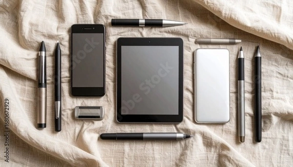 Fototapeta Vibrant flat lay composition of tablet, pen, and smartphone on linen background with hues