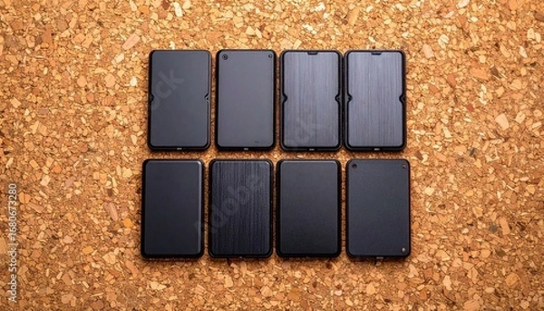 Fototapeta Eye-catching flat lay of smartphone resting on natural cork surface with external drives