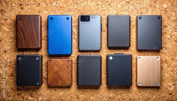 Fototapeta Captivating flat lay of latest smartphone series arranged on natural cork background with drives