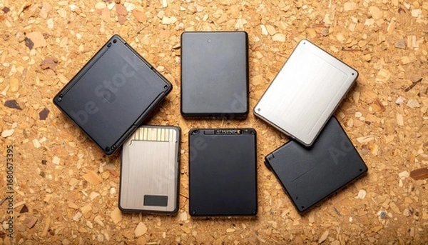 Fototapeta Vibrant flat lay of multiple external storage devices displayed on a stylish cork background