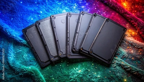 Fototapeta Colorful flat lay composition of black cases on a bright and icy background surface