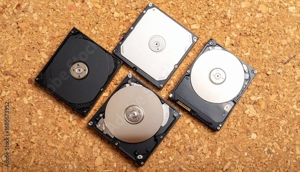 Fototapeta Vibrant flat lay of three portable hard drives on a cork background with bold hues