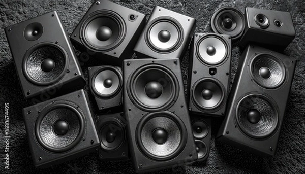 Fototapeta Vibrant flat lay of portable speakers on soft felt background with monochrome hues and colors
