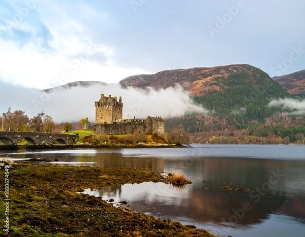 Fototapeta Misty morning view of a stone castle on a small island, nestled amongst low hills, reflected in calm water