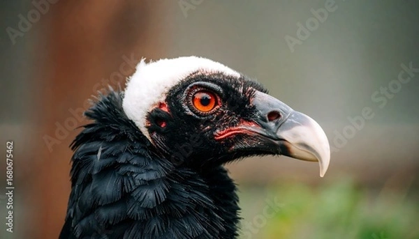 Fototapeta Close-up profile of a black bird with a white head, intense orange eyes, and a hooked beak