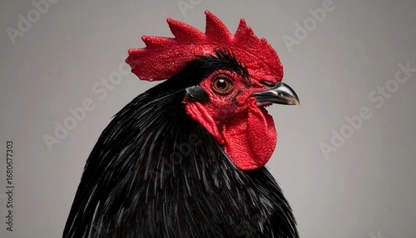 Fototapeta Close-up profile of a black rooster with a vibrant red comb and wattle against a neutral background