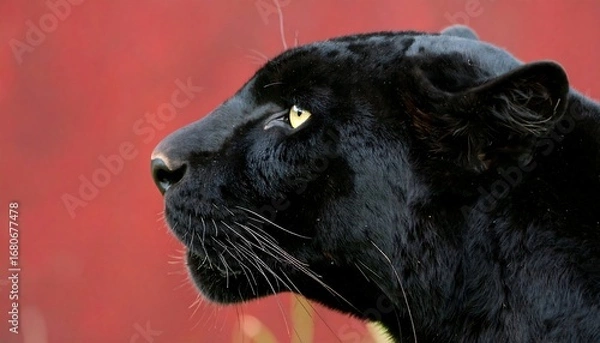 Fototapeta Close-up profile of a black panther, head and shoulders, gazing upward against a blurred red background
