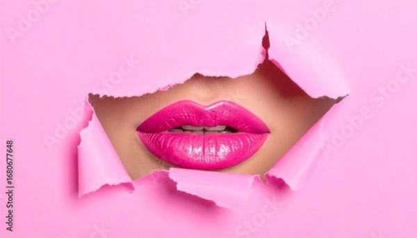 Obraz Close-up view of glamorous, pink lips peeking through a ripped paper background, evoking a playful and captivating aesthetic.