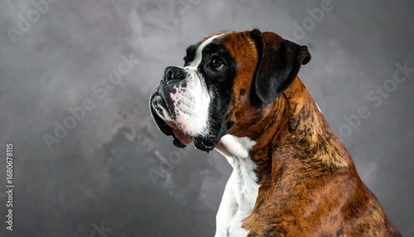 Fototapeta Close-up profile of a brindle dog, gazing intently