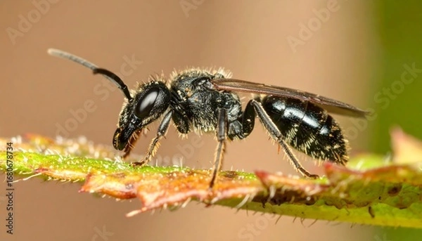 Fototapeta Close-up profile of a dark-colored insect with hairy body, perched on a green leaf