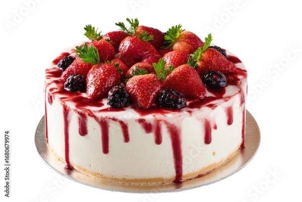 Obraz Round cake, overflowing with fresh strawberries and blackberries, drizzled with a rich berry sauce