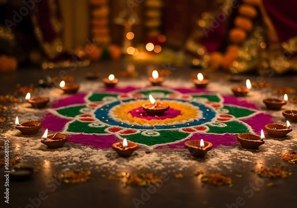 Obraz Colorful rangoli with diyas