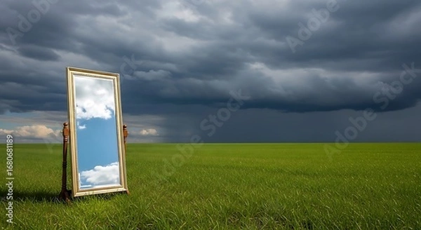 Fototapeta A mirror in a field reflects a different, beautiful sky, symbolizing perspective, opportunity, and imagination.