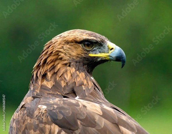 Fototapeta Close-up profile of a large bird of prey, showcasing its feathers and intense gaze against a blurred green background