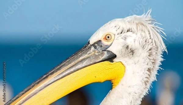 Fototapeta Close-up profile of a large bird with a long, yellow beak and white feathers against a blurred blue background
