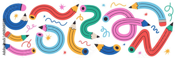Fototapeta Twisted curved colorful funky pencil set. Flexible school, office supplies. Pencils bent into various shapes. Perfect for stickers, schedules, notebooks, notepads, diaries, school banners
