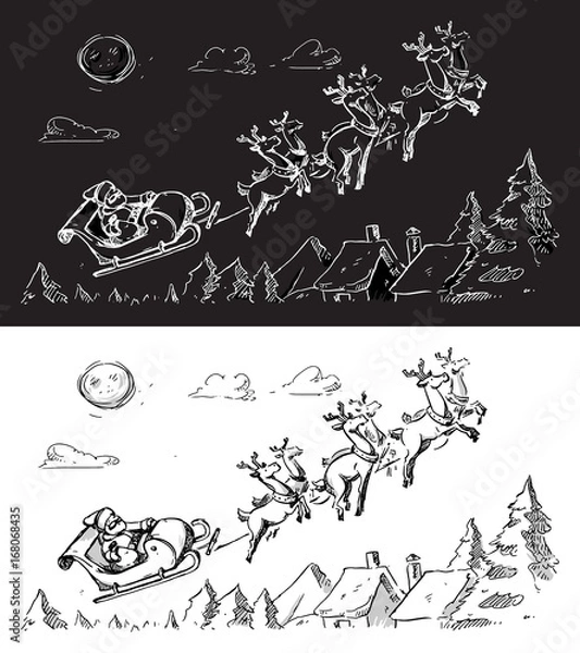 Obraz Santa Claus in a sleigh with reindeers flying on Christmas eve. Vector sketch for invitations, party, Christmas gift cards