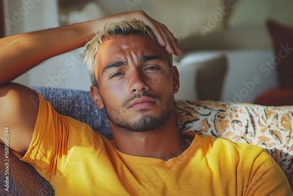 Fototapeta Portrait of a blond Hispanic man sitting on sofa at home and holding his hand above his head and forehead. He feels bad, suffering from fever, feeling dizzy, showcasing signs of illness, Generative AI