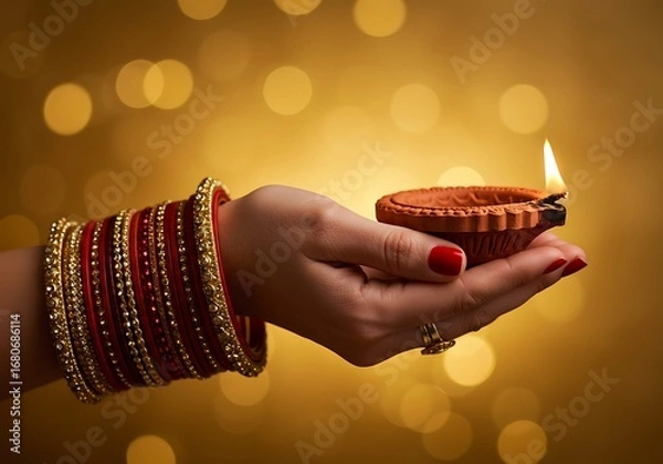 Obraz Hand holding diya lamp tradition