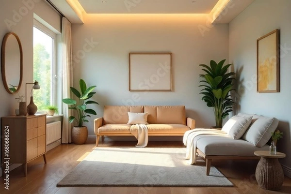 Fototapeta A serene, aesthetically pleasing therapy room  Soft lighting, calming colors, and comfortable furniture create a peaceful atmosphere ideal for healing and well-being , comfortable, clean
