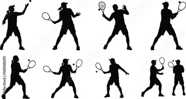 Fototapeta Silhouette collection of tennis players in action, isolated on white background, playing different strokes, perfect for sports design concepts.