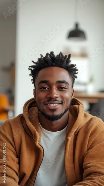 Fototapeta Close-up vertical photo. A young African-American man conducts a video online broadcast, looks on the video call to the camera, smiling while sitting on the couch at home, engaging, Generative AI