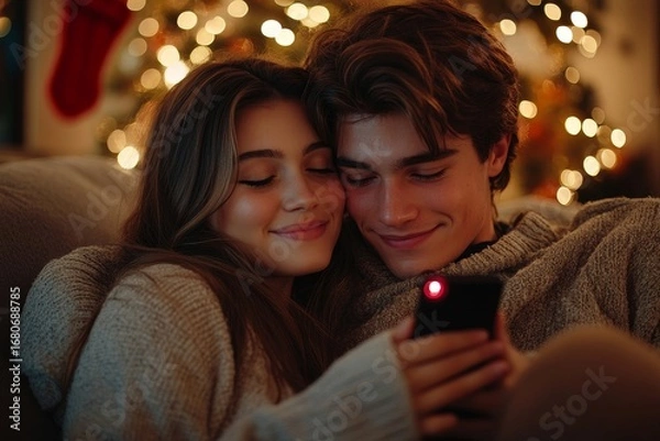 Fototapeta Happy young couple man and woman sitting on the sofa together, hugging and watching a video online using an app on the phone, joyful while choosing shopping in an online store, Generative AI
