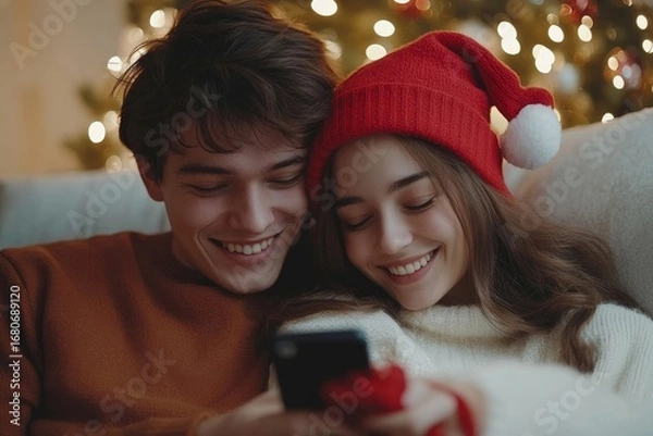 Fototapeta Happy young couple man and woman sitting on the sofa together, hugging and watching a video online using an app on the phone, joyful while choosing shopping in an online store, Generative AI