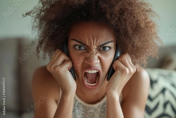 Fototapeta Frustrated and angry woman talking on the phone, African American woman shouting and angrily speaking to the interlocutor, sitting on the sofa in the living room of the house alone, Generative AI