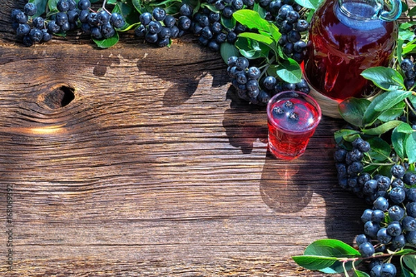 Fototapeta A glass of tincture of chokeberry. Free space for your text. Wooden background.