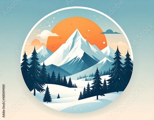 Obraz Serene winter mountain landscape illustration with a snowy peak and pine forest, framed in a circular design
