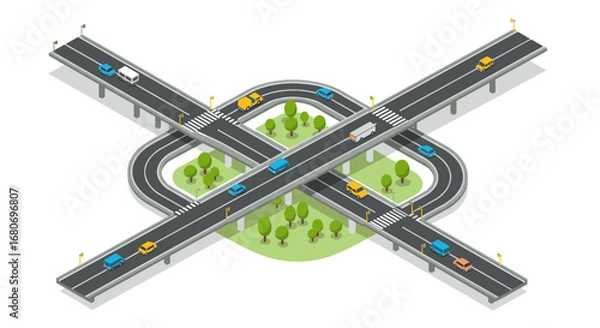Fototapeta Modern isometric highway with cars and trees on overpass intersection