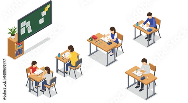 Fototapeta Isometric classroom scene with students studying at desks