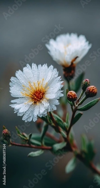 Fototapeta Close-up of two white flowers with water droplets,  blurred background