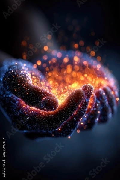 Fototapeta Glowing particles held in cupped hands