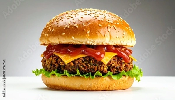 Fototapeta A close-up shot of a delicious-looking burger with a sesame seed bun, cheese, ketchup, and lettuce on a white surface.