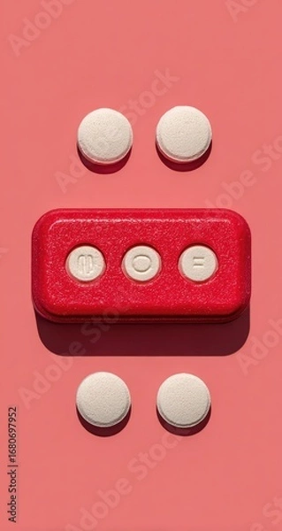 Fototapeta Red container with three pills sits atop a pink background, flanked by four additional pills