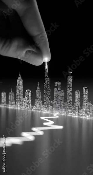 Fototapeta Fingertip illuminating a city skyline atop a graph