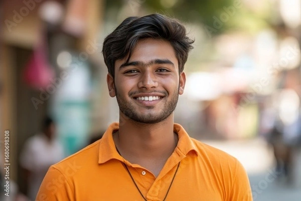 Fototapeta Portrait of a young Indian man, face standing outside on the street wearing an orange shirt and smiling at the camera, displaying confidence and positivity in a casual setting, Generative AI