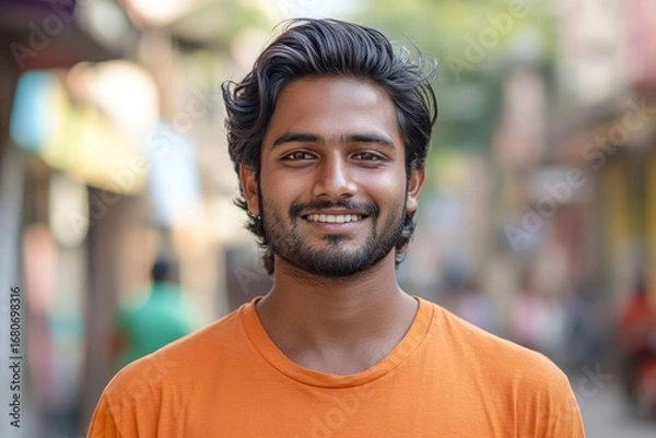 Fototapeta Portrait of a young Indian man, face standing outside on the street wearing an orange shirt and smiling at the camera, displaying confidence and positivity in a casual setting, Generative AI