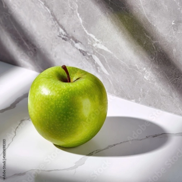 Fototapeta A green apple sits on a marble surface, illuminated by sunlight casting shadows
