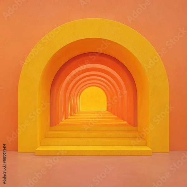 Fototapeta Orange and yellow arched hallway leading to light