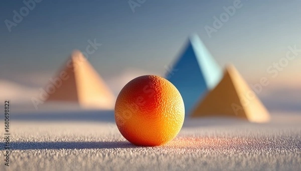 Fototapeta Orange sphere rests on textured surface, pyramids in soft-focus background