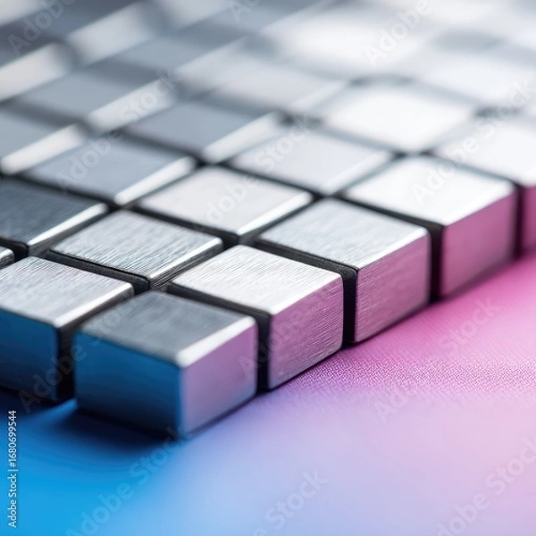 Fototapeta Close-up of numerous small, brushed-metal cubes arranged in a grid pattern, angled on a gradient background