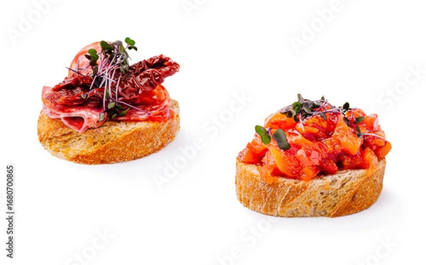 Obraz Gourmet tapas served on artisanal bread with fresh toppings