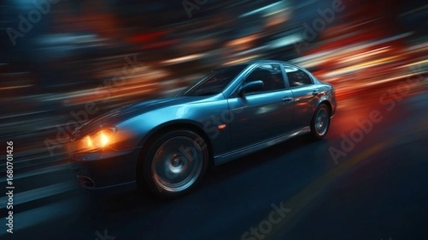 Fototapeta Dynamic Car in Motion: A sleek, silver car streaks through an urban environment, the motion blur creating a sense of high speed and energy, embodying modern travel.